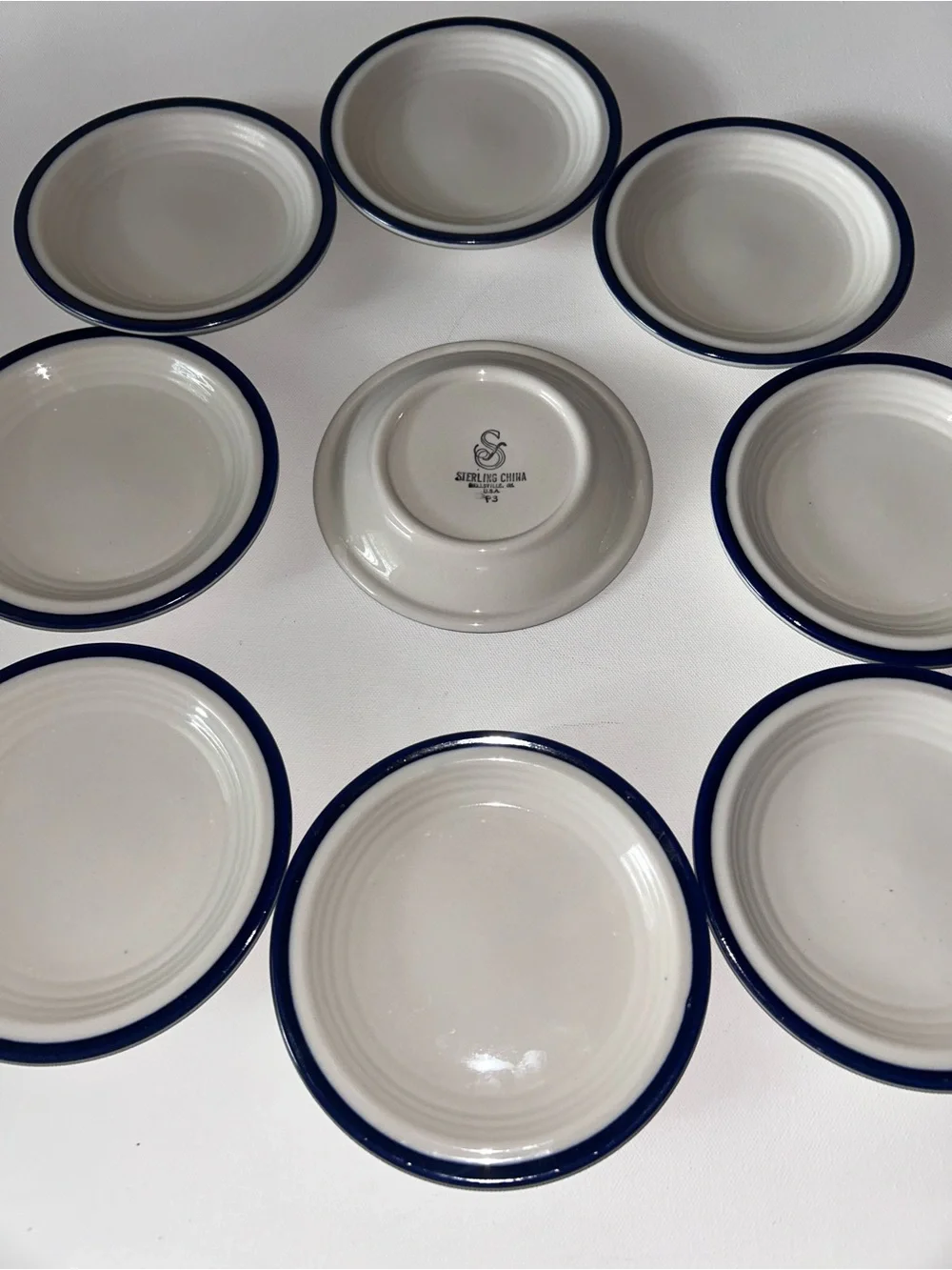 Set of 8 Vintage Sterling China Bread & Butter Plates Wellsville Ohio Blue Rim